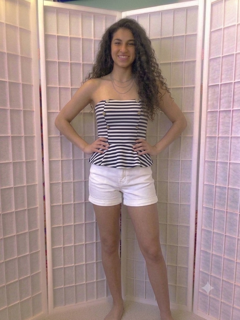 Body Central Navy and White Striped Strapless Top with Peplum Detail